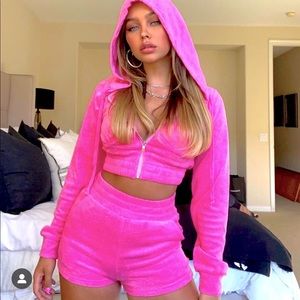 Turquoise Velour Two-piece Crop Top Short Set